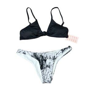 Dippin Daisys Bikini Size L Marble Tie Dye Black White Knot High Rise Cheeky NWT